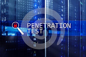 Penetration test. Cybersecurity and data protection. Hacker attack prevention. Futuristic Â server room on background.